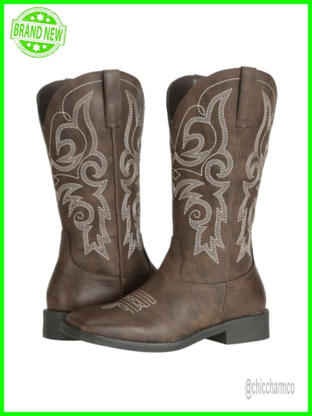Square Toe Western Cowgirl Boots Faux Leather Mid-Calf Women